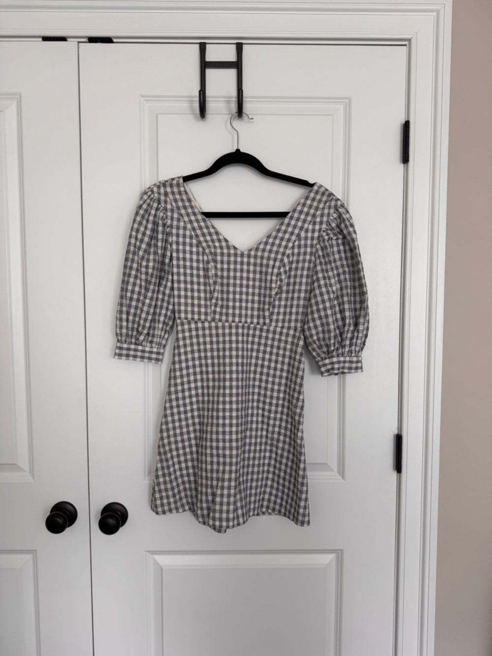 Gingham Puff-Sleeve Mini Dress in Gray and White
